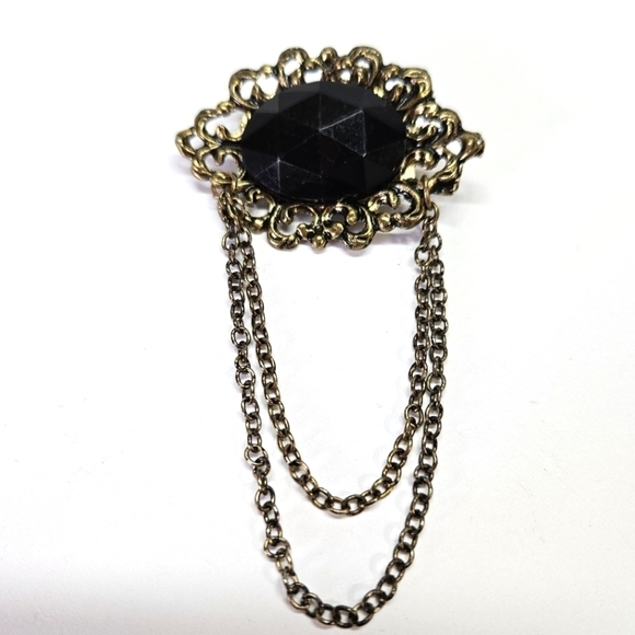 VINTAGE Victorian Revival Gold Tone Black Dangling Chain Brooch Pin - Picture 4 of 5